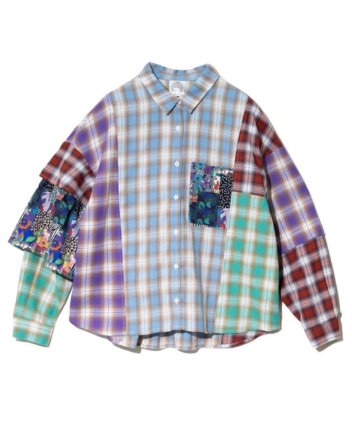 ScoLar（スカラー）の「ScoLar/スカラー　パッチワークチェックシャツ（シャツ/ブラウス・レディース・ブルー・FREE）」の2枚目の写真
