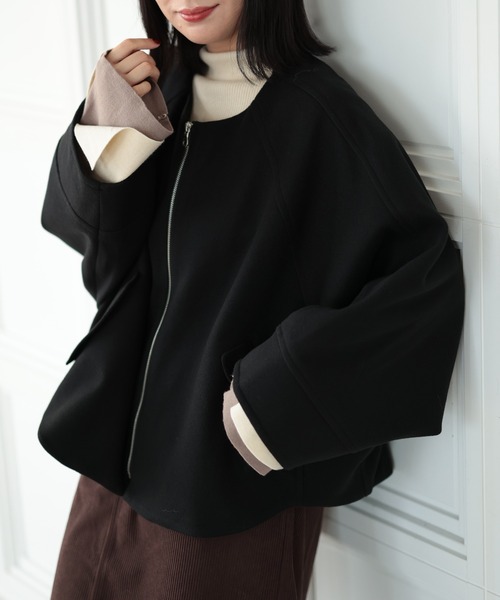 Ruwan yu（ルワンユー）の「ノーカラーショートコート【大きいサイズ対応】（ノーカラージャケット・レディース・ブラック・L/LL/3L/4L）」の14枚目の写真