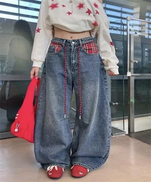 ウエスト紐ベルト チェックポケットワイドデニムパンツ（デニムパンツ