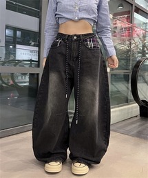 ウエスト紐ベルト チェックポケットワイドデニムパンツ