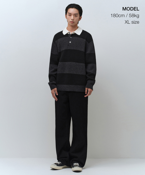 MUSINSA STANDARD（ムシンサスタンダード）の「リブストライプラグビー ニット [ブラック/メランジェグレー]（ニット/セーター・メンズ・その他・SMALL/MEDIUM/LARGE/X-LARGE/XX-LARGE）」の2枚目の写真