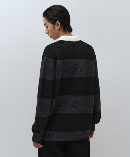 MUSINSA STANDARD（ムシンサスタンダード）の「リブストライプラグビー ニット [ブラック/メランジェグレー]（ニット/セーター・メンズ・その他・SMALL/MEDIUM/LARGE/X-LARGE/XX-LARGE）」の3枚目の写真
