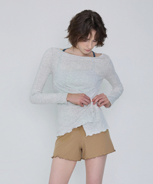 DEVIWEAR（デヴィウェア）の「女性ヨガウェア DEVI-T0124-メランジオートミール ピラティス ダブルボタン ラップ ロングスリーブ（Tシャツ/カットソー）」