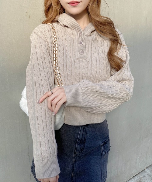 INGNI(イング)の「ケーブルヘンリーネックニットパーカー(パーカー・レディース・グレー/アイボリー/ボルドー/ベージュ・M)」の3枚目の写真