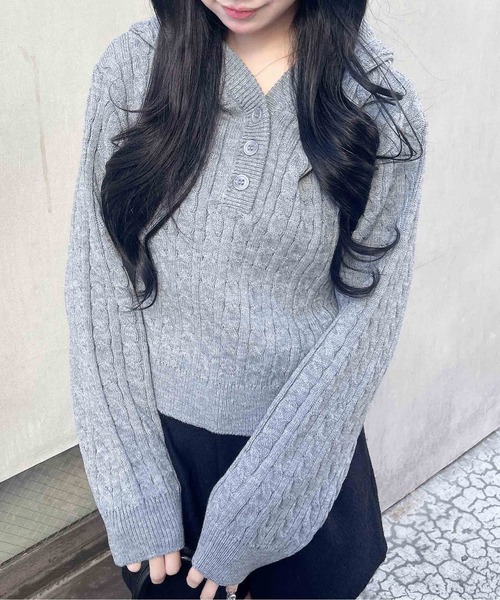 INGNI(イング)の「ケーブルヘンリーネックニットパーカー(パーカー・レディース・グレー/アイボリー/ボルドー/ベージュ・M)」の1枚目の写真