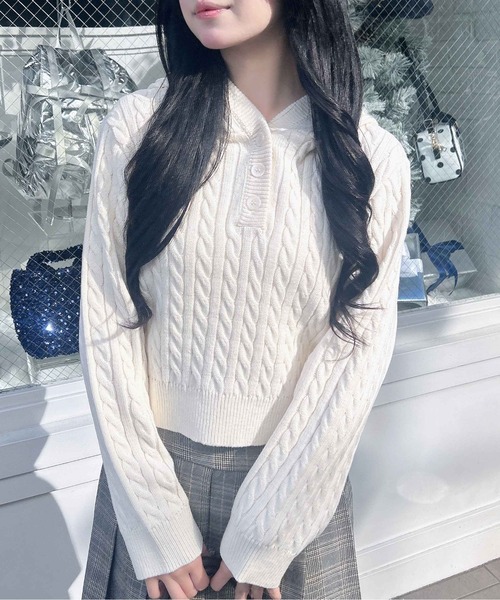 INGNI(イング)の「ケーブルヘンリーネックニットパーカー(パーカー・レディース・グレー/アイボリー/ボルドー/ベージュ・M)」の2枚目の写真