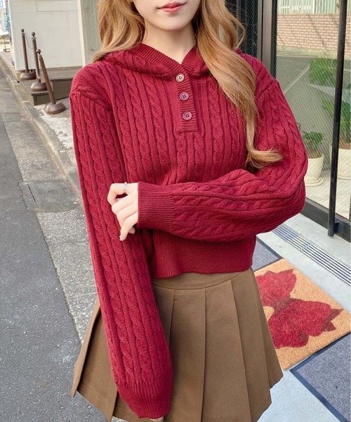 INGNI(イング)の「ケーブルヘンリーネックニットパーカー(パーカー・レディース・グレー/アイボリー/ボルドー/ベージュ・M)」の4枚目の写真