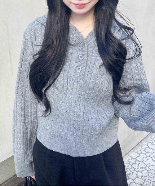 INGNI(イング)の「ケーブルヘンリーネックニットパーカー(パーカー・レディース・グレー/アイボリー/ボルドー/ベージュ・M)」の20枚目の写真