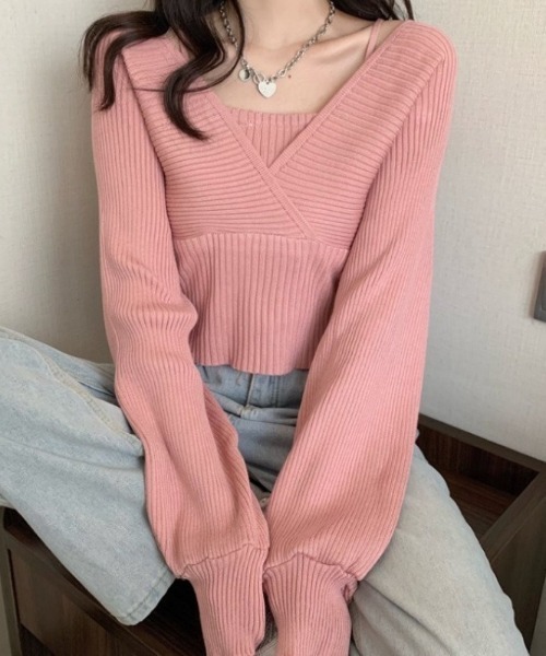 SHEPP(シープ)の「【26年春新作】レイヤードカシュクールニット(ニット/セーター・レディース・ブラック/ホワイト/レッド/ピンク/ブラウン・F)」の5枚目の写真