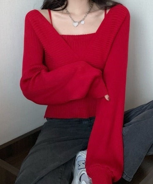 SHEPP(シープ)の「【26年春新作】レイヤードカシュクールニット(ニット/セーター・レディース・ブラック/ホワイト/レッド/ピンク/ブラウン・F)」の9枚目の写真