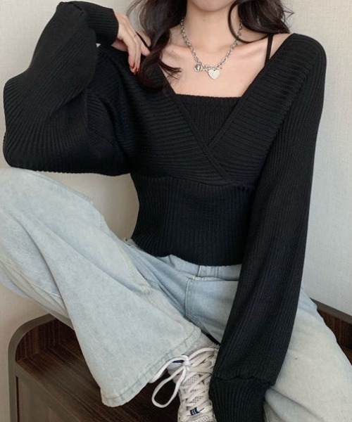 SHEPP(シープ)の「【26年春新作】レイヤードカシュクールニット(ニット/セーター・レディース・ブラック/ホワイト/レッド/ピンク/ブラウン・F)」の12枚目の写真