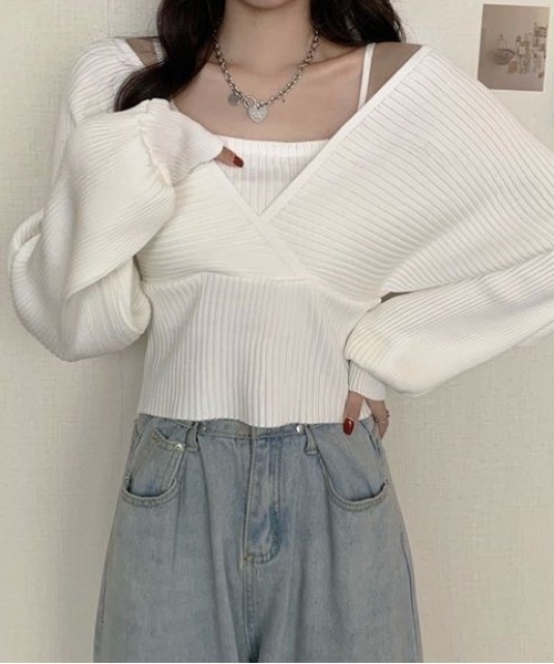 SHEPP(シープ)の「【26年春新作】レイヤードカシュクールニット(ニット/セーター・レディース・ブラック/ホワイト/レッド/ピンク/ブラウン・F)」の20枚目の写真
