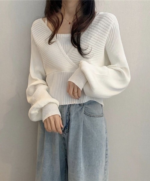 SHEPP(シープ)の「【26年春新作】レイヤードカシュクールニット(ニット/セーター・レディース・ブラック/ホワイト/レッド/ピンク/ブラウン・F)」の19枚目の写真