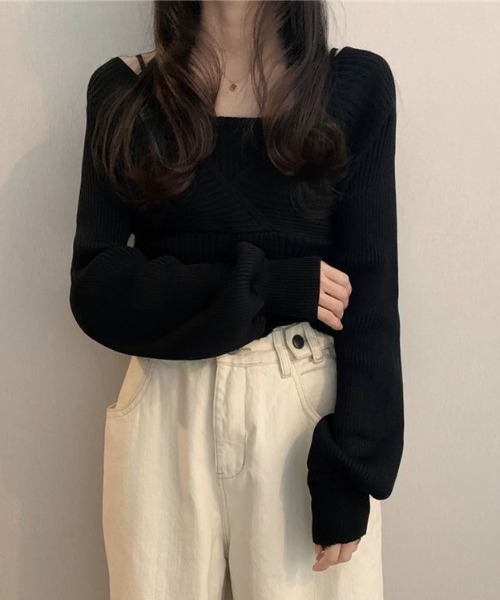 SHEPP(シープ)の「【26年春新作】レイヤードカシュクールニット(ニット/セーター・レディース・ブラック/ホワイト/レッド/ピンク/ブラウン・F)」の10枚目の写真