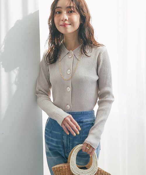 La boutique BonBon（ラブティックボンボン）の「ラメリブポロ衿カーディガン（カーディガン/ボレロ・レディース・ピンク/イエロー/サックスブルー・FREE）」の3枚目の写真