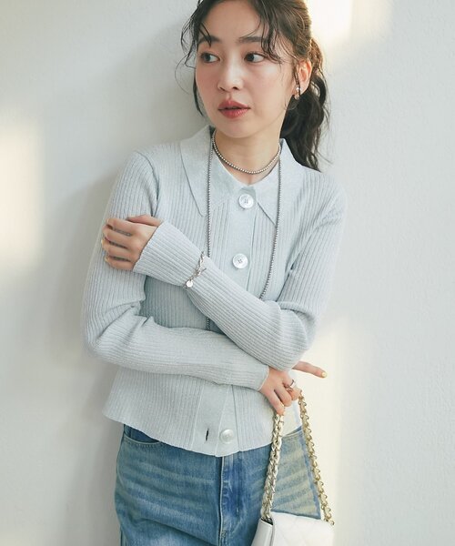 La boutique BonBon（ラブティックボンボン）の「ラメリブポロ衿カーディガン（カーディガン/ボレロ・レディース・ピンク/イエロー/サックスブルー・FREE）」の10枚目の写真