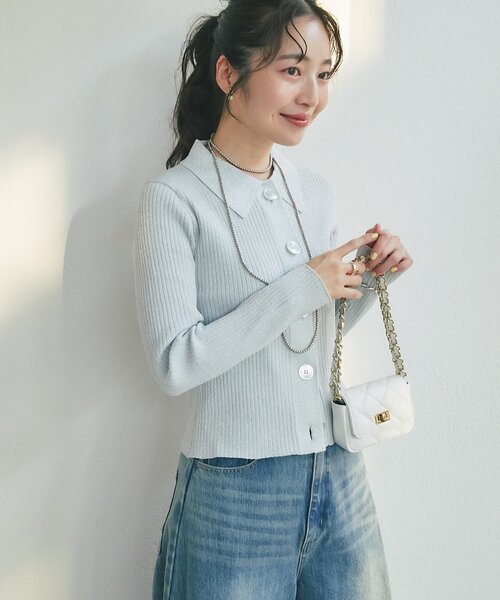 La boutique BonBon（ラブティックボンボン）の「ラメリブポロ衿カーディガン（カーディガン/ボレロ・レディース・ピンク/イエロー/サックスブルー・FREE）」の12枚目の写真