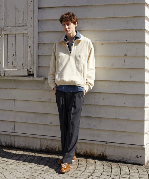 PUBLIC TOKYO(パブリックトウキョウ)の「スタンドハーフジップスウェット /ウォッシャブル/2WAY/トレーナー/ポロ(スウェット・メンズ・アイボリー/ネイビー・1/2)」の6枚目の写真