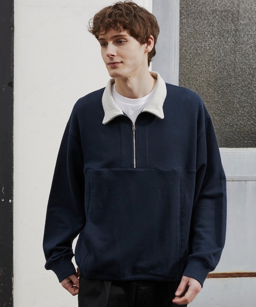 PUBLIC TOKYO(パブリックトウキョウ)の「スタンドハーフジップスウェット /ウォッシャブル/2WAY/トレーナー/ポロ(スウェット・メンズ・アイボリー/ネイビー・1/2)」の11枚目の写真