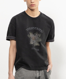 ドライフラワークロップロールアップTシャツ[ウォッシュドブラック]
