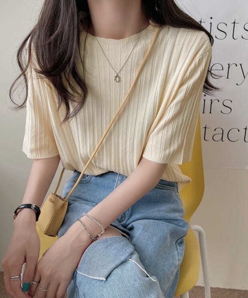 Miniministore(ミニミニストア)の「サマーニットトップス半袖 カットソー夏服(Tシャツ/カットソー・レディース・イエロー×グリーン/ライトブルー/ブラック/ピンク/ホワイト/ラベンダー/オレンジ/ベージュ・FREE)」の4枚目の写真