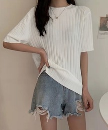 サマーニットトップス半袖 カットソー夏服