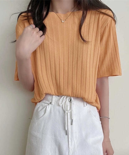 Miniministore(ミニミニストア)の「サマーニットトップス半袖 カットソー夏服(Tシャツ/カットソー・レディース・イエロー×グリーン/ライトブルー/ブラック/ピンク/ホワイト/ラベンダー/オレンジ/ベージュ・FREE)」の8枚目の写真