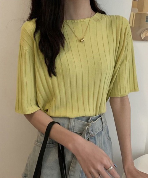 Miniministore(ミニミニストア)の「サマーニットトップス半袖 カットソー夏服(Tシャツ/カットソー・レディース・イエロー×グリーン/ライトブルー/ブラック/ピンク/ホワイト/ラベンダー/オレンジ/ベージュ・FREE)」の6枚目の写真