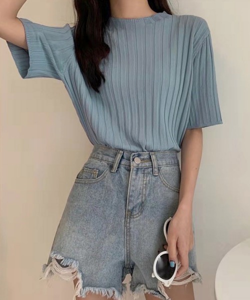 Miniministore(ミニミニストア)の「サマーニットトップス半袖 カットソー夏服(Tシャツ/カットソー・レディース・イエロー×グリーン/ライトブルー/ブラック/ピンク/ホワイト/ラベンダー/オレンジ/ベージュ・FREE)」の1枚目の写真