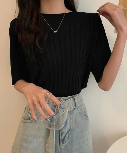 Miniministore(ミニミニストア)の「サマーニットトップス半袖 カットソー夏服(Tシャツ/カットソー・レディース・イエロー×グリーン/ライトブルー/ブラック/ピンク/ホワイト/ラベンダー/オレンジ/ベージュ・FREE)」の3枚目の写真