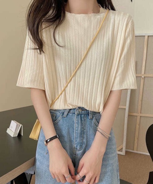 Miniministore(ミニミニストア)の「サマーニットトップス半袖 カットソー夏服(Tシャツ/カットソー・レディース・イエロー×グリーン/ライトブルー/ブラック/ピンク/ホワイト/ラベンダー/オレンジ/ベージュ・FREE)」の9枚目の写真