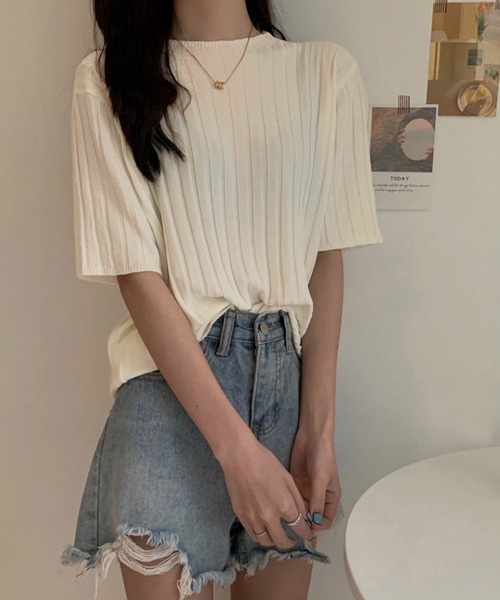 Miniministore(ミニミニストア)の「サマーニットトップス半袖 カットソー夏服(Tシャツ/カットソー・レディース・イエロー×グリーン/ライトブルー/ブラック/ピンク/ホワイト/ラベンダー/オレンジ/ベージュ・FREE)」の10枚目の写真