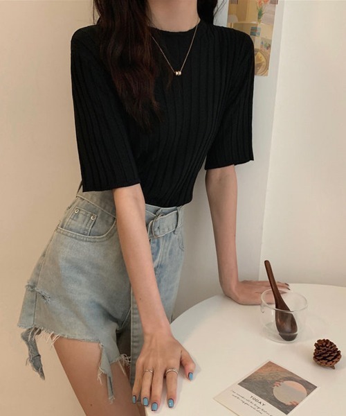Miniministore(ミニミニストア)の「サマーニットトップス半袖 カットソー夏服(Tシャツ/カットソー・レディース・イエロー×グリーン/ライトブルー/ブラック/ピンク/ホワイト/ラベンダー/オレンジ/ベージュ・FREE)」の11枚目の写真