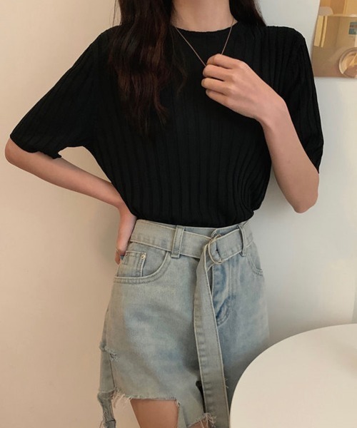 Miniministore(ミニミニストア)の「サマーニットトップス半袖 カットソー夏服(Tシャツ/カットソー・レディース・イエロー×グリーン/ライトブルー/ブラック/ピンク/ホワイト/ラベンダー/オレンジ/ベージュ・FREE)」の12枚目の写真