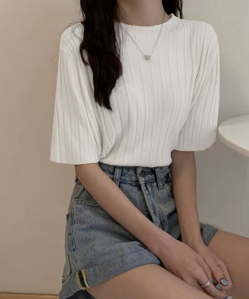 Miniministore(ミニミニストア)の「サマーニットトップス半袖 カットソー夏服(Tシャツ/カットソー・レディース・イエロー×グリーン/ライトブルー/ブラック/ピンク/ホワイト/ラベンダー/オレンジ/ベージュ・FREE)」の13枚目の写真