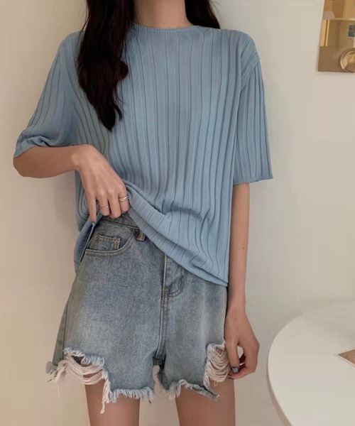 Miniministore(ミニミニストア)の「サマーニットトップス半袖 カットソー夏服(Tシャツ/カットソー・レディース・イエロー×グリーン/ライトブルー/ブラック/ピンク/ホワイト/ラベンダー/オレンジ/ベージュ・FREE)」の14枚目の写真