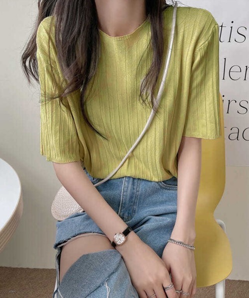 Miniministore(ミニミニストア)の「サマーニットトップス半袖 カットソー夏服(Tシャツ/カットソー・レディース・イエロー×グリーン/ライトブルー/ブラック/ピンク/ホワイト/ラベンダー/オレンジ/ベージュ・FREE)」の15枚目の写真