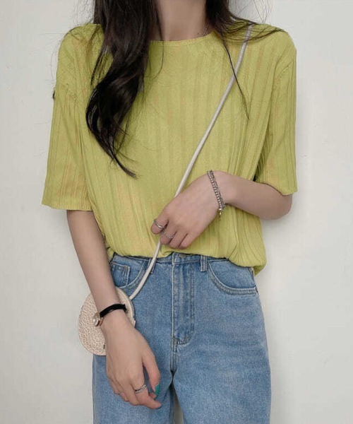 Miniministore(ミニミニストア)の「サマーニットトップス半袖 カットソー夏服(Tシャツ/カットソー・レディース・イエロー×グリーン/ライトブルー/ブラック/ピンク/ホワイト/ラベンダー/オレンジ/ベージュ・FREE)」の16枚目の写真