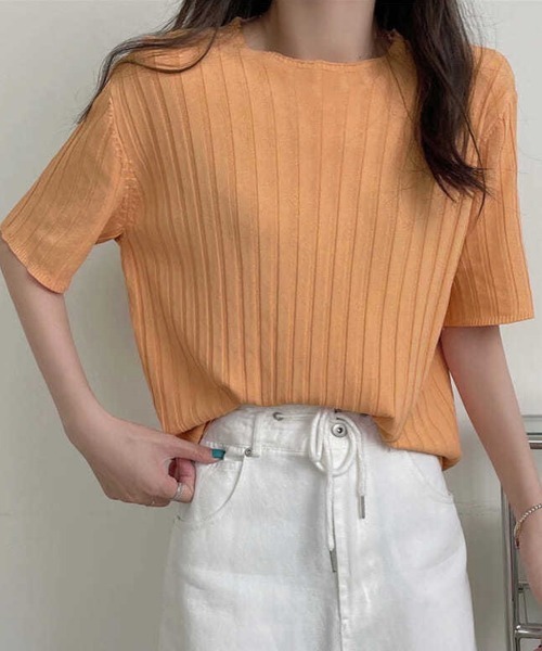 Miniministore(ミニミニストア)の「サマーニットトップス半袖 カットソー夏服(Tシャツ/カットソー・レディース・イエロー×グリーン/ライトブルー/ブラック/ピンク/ホワイト/ラベンダー/オレンジ/ベージュ・FREE)」の17枚目の写真
