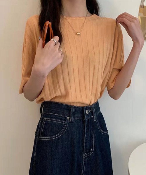 Miniministore(ミニミニストア)の「サマーニットトップス半袖 カットソー夏服(Tシャツ/カットソー・レディース・イエロー×グリーン/ライトブルー/ブラック/ピンク/ホワイト/ラベンダー/オレンジ/ベージュ・FREE)」の18枚目の写真