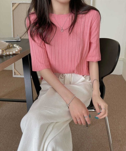 Miniministore(ミニミニストア)の「サマーニットトップス半袖 カットソー夏服(Tシャツ/カットソー・レディース・イエロー×グリーン/ライトブルー/ブラック/ピンク/ホワイト/ラベンダー/オレンジ/ベージュ・FREE)」の19枚目の写真