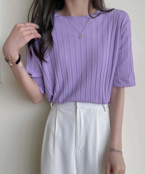 Miniministore(ミニミニストア)の「サマーニットトップス半袖 カットソー夏服(Tシャツ/カットソー・レディース・イエロー×グリーン/ライトブルー/ブラック/ピンク/ホワイト/ラベンダー/オレンジ/ベージュ・FREE)」の20枚目の写真