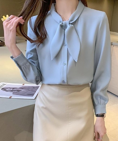 Beststore(ベストストア)の「「王道きれいめ」ボウタイ リボンシフォンシャツブラウス 長袖(シャツ/ブラウス・レディース・ブルー/ブラック/アイボリー/ピンク/ホワイト/ネイビー・L/M)」の5枚目の写真