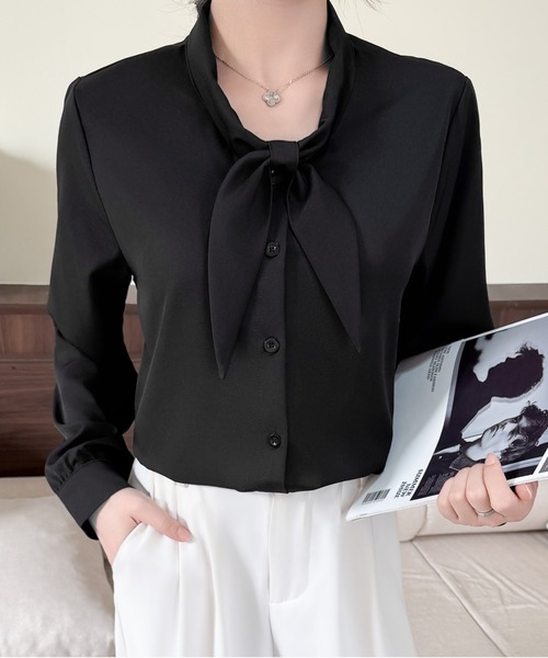Beststore(ベストストア)の「「王道きれいめ」ボウタイ リボンシフォンシャツブラウス 長袖(シャツ/ブラウス・レディース・ブルー/ブラック/アイボリー/ピンク/ホワイト/ネイビー・L/M)」の3枚目の写真