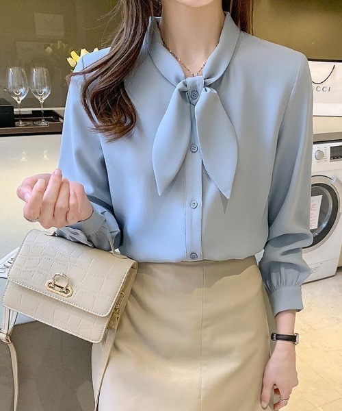 Beststore(ベストストア)の「「王道きれいめ」ボウタイ リボンシフォンシャツブラウス 長袖(シャツ/ブラウス・レディース・ブルー/ブラック/アイボリー/ピンク/ホワイト/ネイビー・L/M)」の9枚目の写真