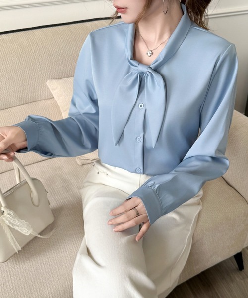 Beststore(ベストストア)の「「王道きれいめ」ボウタイ リボンシフォンシャツブラウス 長袖(シャツ/ブラウス・レディース・ブルー/ブラック/アイボリー/ピンク/ホワイト/ネイビー・L/M)」の10枚目の写真