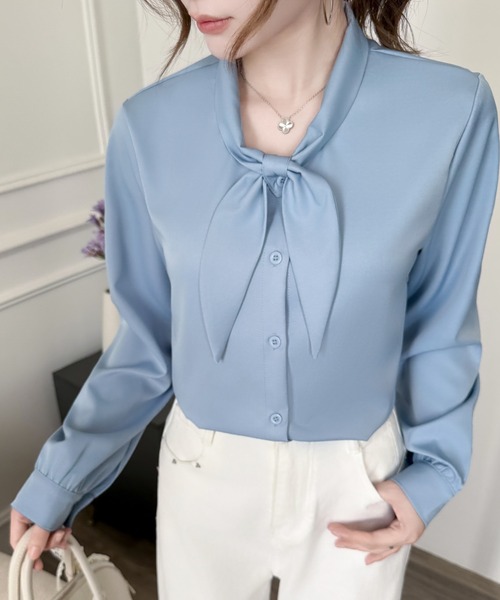 Beststore(ベストストア)の「「王道きれいめ」ボウタイ リボンシフォンシャツブラウス 長袖(シャツ/ブラウス・レディース・ブルー/ブラック/アイボリー/ピンク/ホワイト/ネイビー・L/M)」の12枚目の写真