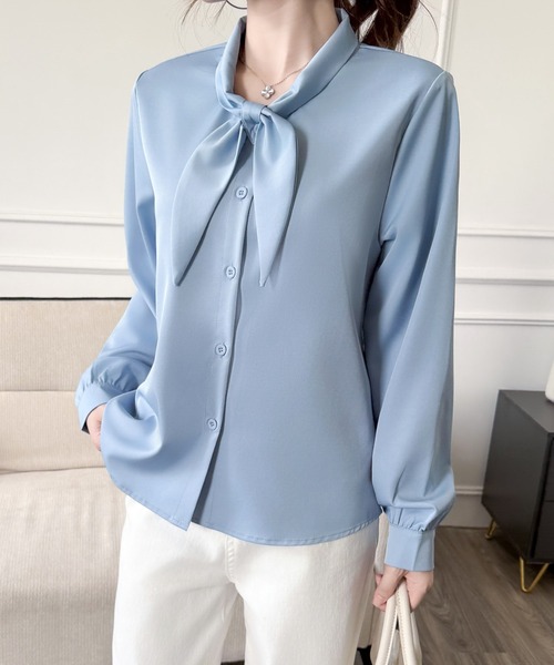 Beststore(ベストストア)の「「王道きれいめ」ボウタイ リボンシフォンシャツブラウス 長袖(シャツ/ブラウス・レディース・ブルー/ブラック/アイボリー/ピンク/ホワイト/ネイビー・L/M)」の14枚目の写真