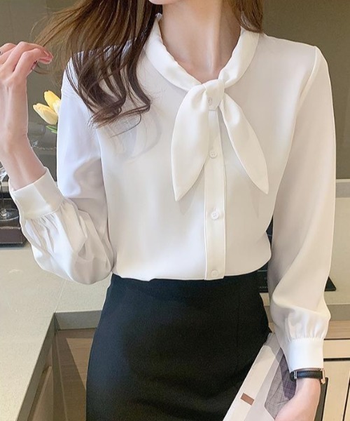 Beststore(ベストストア)の「「王道きれいめ」ボウタイ リボンシフォンシャツブラウス 長袖(シャツ/ブラウス・レディース・ブルー/ブラック/アイボリー/ピンク/ホワイト/ネイビー・L/M)」の17枚目の写真