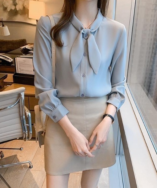 Beststore(ベストストア)の「「王道きれいめ」ボウタイ リボンシフォンシャツブラウス 長袖(シャツ/ブラウス・レディース・ブルー/ブラック/アイボリー/ピンク/ホワイト/ネイビー・L/M)」の7枚目の写真